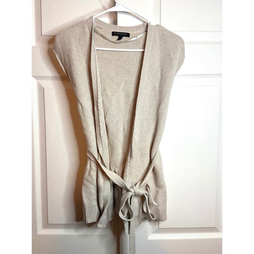 Banana Republic Oatmeal Beige Sleeveless Cardigan Belted Seed Stitch Knit